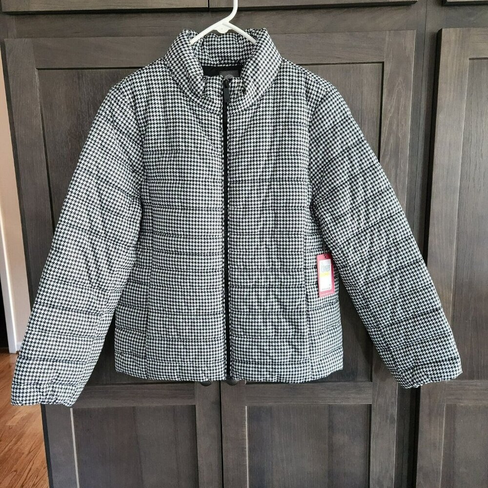 Vince Camuto Puffer Jacket Women Medium Zip Up Houndstooth Print Black White NWT - Picture 2 of 16